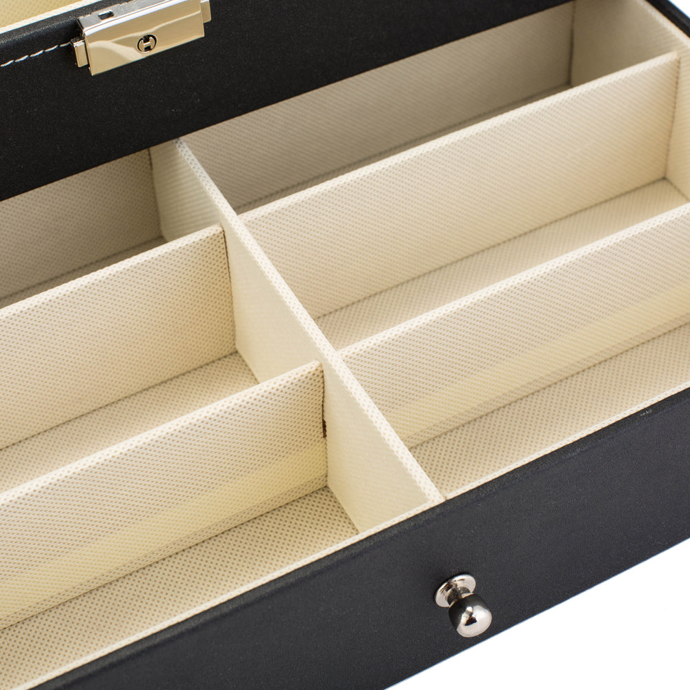 AEELLEEA-12 Piece Eyeglasses & Sunglasses Storage Organizer, Black Leather Display Drawer Case, Lockable Design, Collect & Display Multiple Glasses for Home, Shop Eyewear Collection