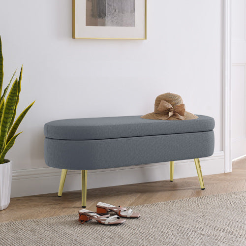 AEELLEEA 43 Inch Oval Storage Ottoman Bench, Grey Textured Fabric Bench with Gold Metal Legs for Bedroom Entryway