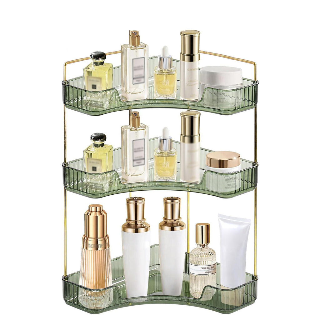 3 Tier Corner Bathroom Counter Organizer, Vanity Makeup & Perfume Storage Shelf, Countertop Skincare Display Stand Holder for Women, Green