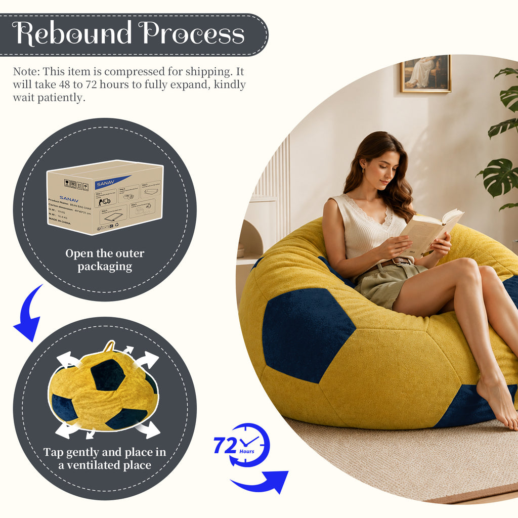 AEELLEEA Soccer Ball Bean Bag Chair for Adults, Oversized Foam Lounge Chair with Soft Flannel Fabric and Carry Handle, Yellow and Blue