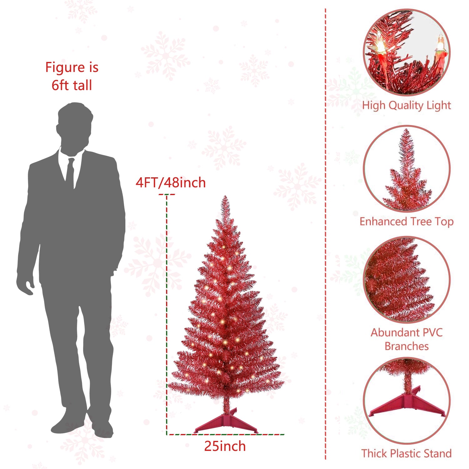 4FT Prelit Artificial Christmas Tree with 50 Lights for Home Decor, Christmas Decorations Outdoor Indoor Office, Holiday Decor with 122 PVC Tips, Easy Assembly, Ideal for Family Party, Red & Gold