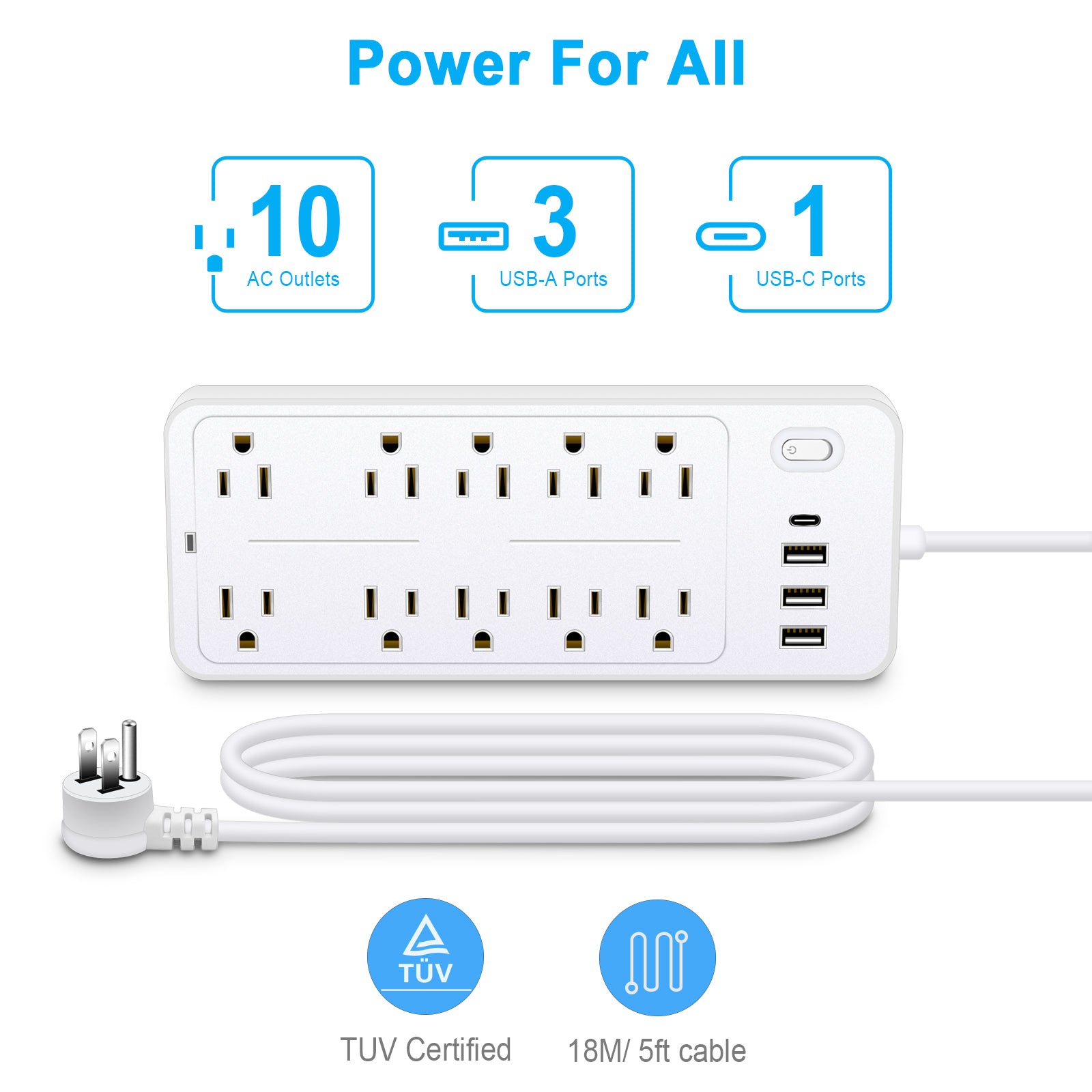 6 FT Surge Protector Power Strip, 10 Outlets 4 USB Ports(1 USB‑C), 14‑in‑1 Long Extension Cord, Flat Plug, 1700J, 1625W/13A, White
