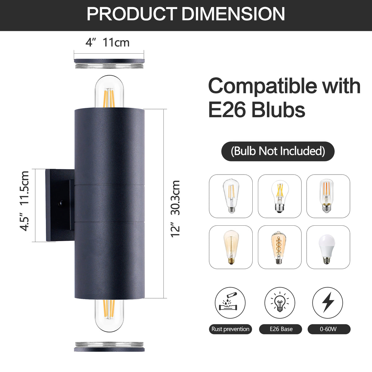 2 Pack Black Cylinder Up Down Wall Sconce Light, Aluminum Hardwired Outdoor Wall Lamp, Modern Vertical Wall Mount Light Fixture