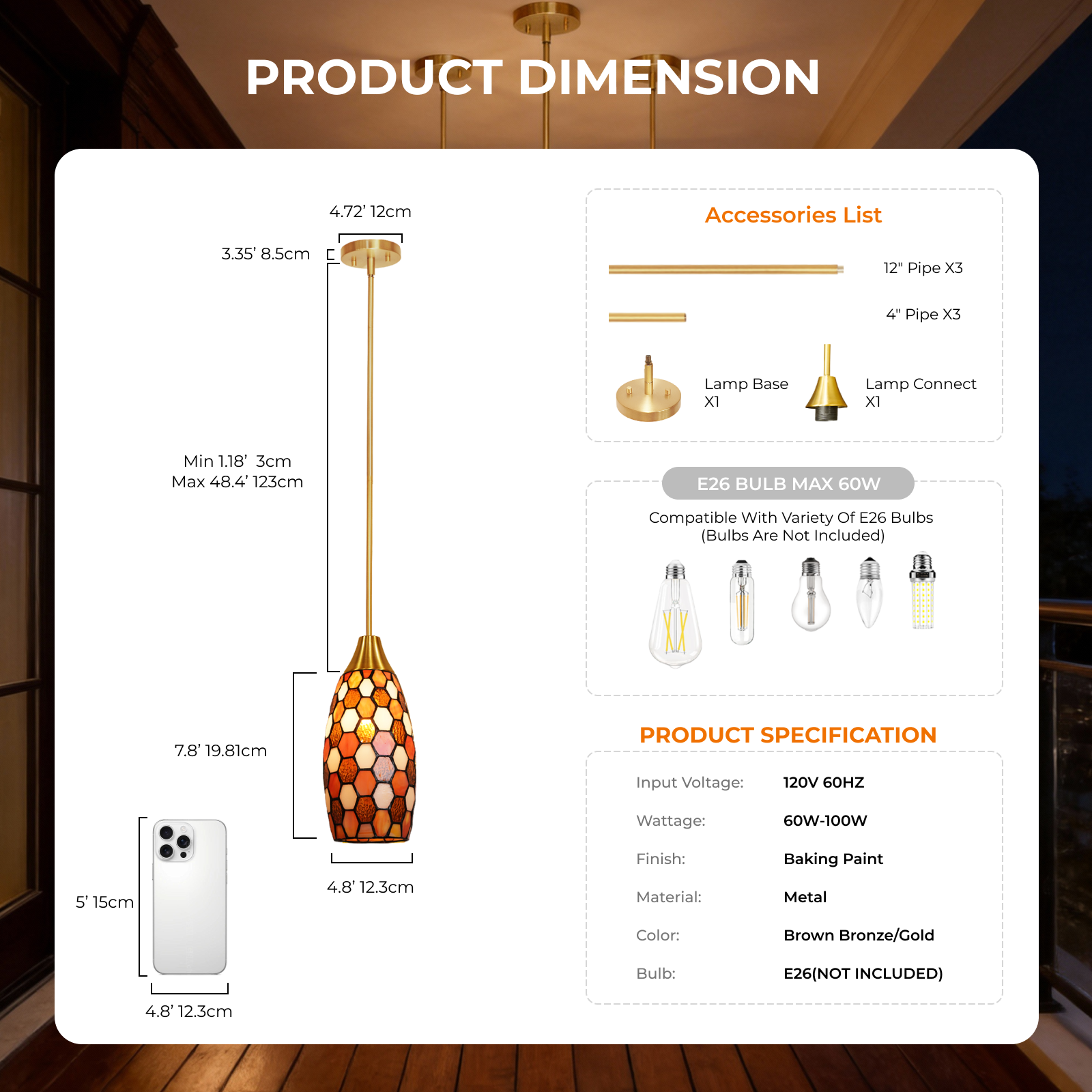 ALUCSET Brown Tiffany Pendant Light, 4.8"W×7.8"H Victorian Style Hanging Lamp for Dining Bedroom Living Room