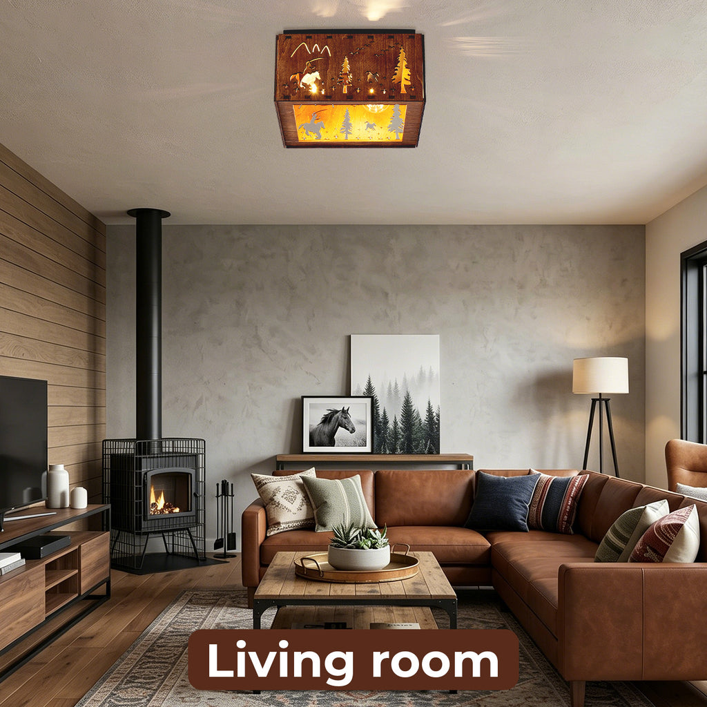 Square Walnut Flush Mount Ceiling Light, Tropical Palm Tree Cutout Wood Iron Ceiling Lamp with E26 Socket, Vintage Rustic Ceiling Light for Bedroom Hallway
