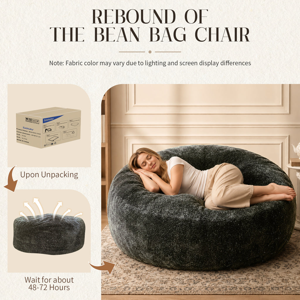 AEELLEEA 6FT Grey Silver Speck Plush Bean Bag Chair, Oversized Round High Density Sponge Beanbag, Removable Zipper Cover for Home Lounge