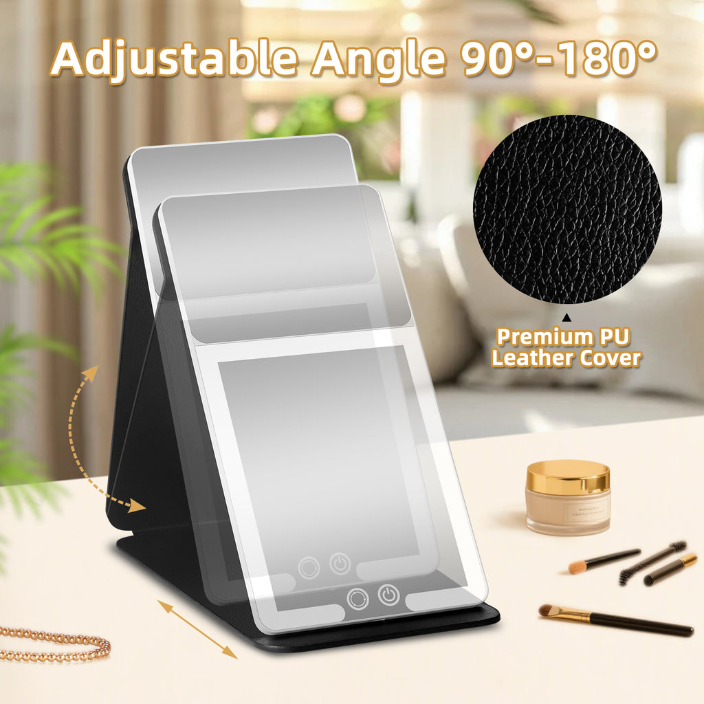20X Magnification LED Travel Mirror  3Color Light Black Leather Case Portable