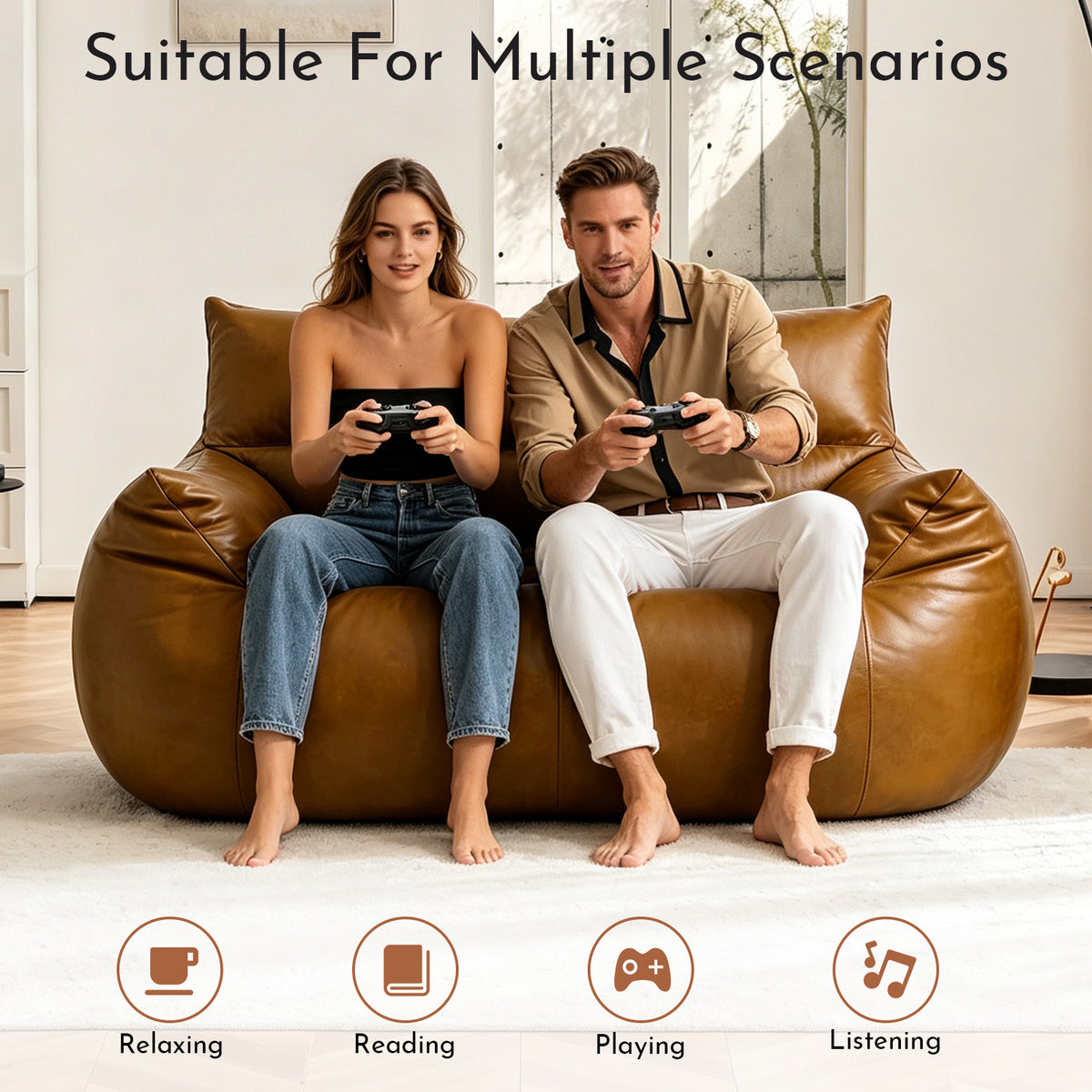 AEELLEEA 2-Seater Bean Bag Sofa, Faux Leather Loveseat with Foam Filling, Backrest and Armrests, Brown