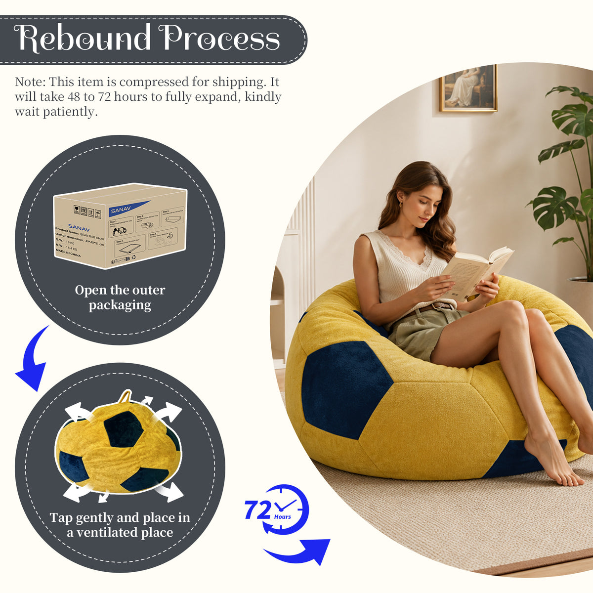 AEELLEEA Soccer Ball Bean Bag Chair for Adults, Oversized Foam Lounge Chair, Soft Flannel Floor Gaming Chair, Yellow and Blue