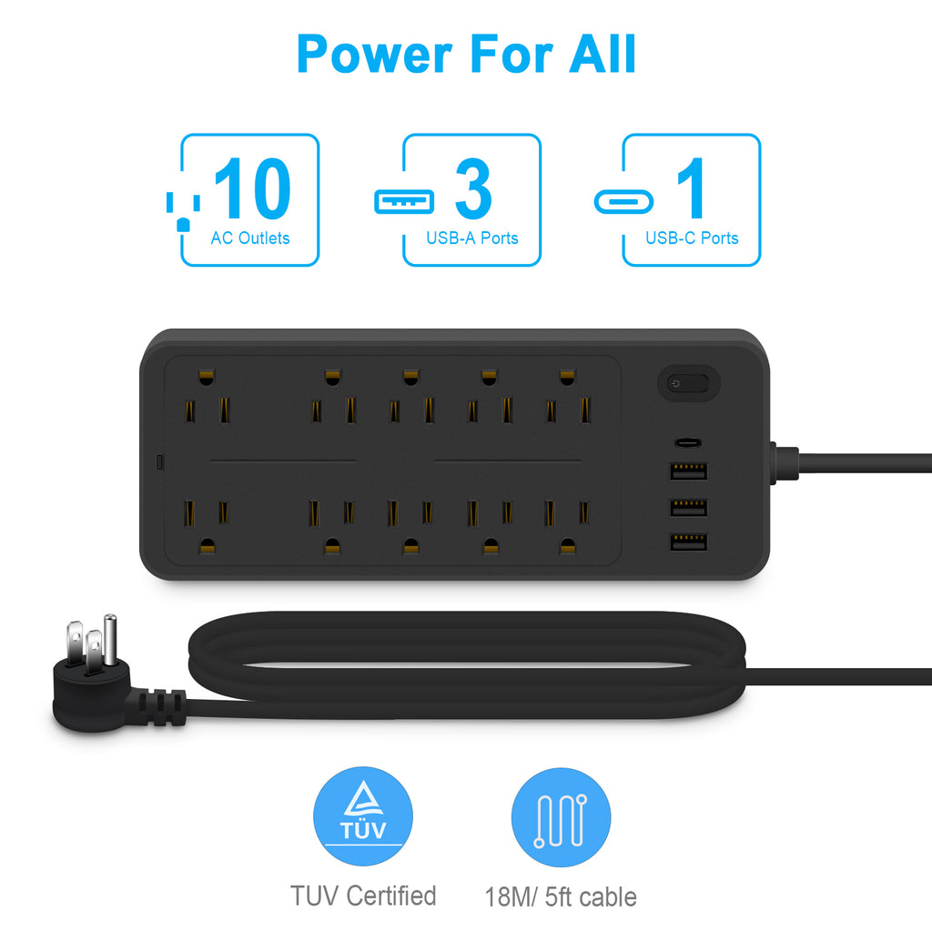 6 FT Surge Protector Power Strip, 10 Outlets 4 USB Ports(1 USB‑C), 14‑in‑1 Long Extension Cord, Flat Plug, 1700J, 1625W/13A, White