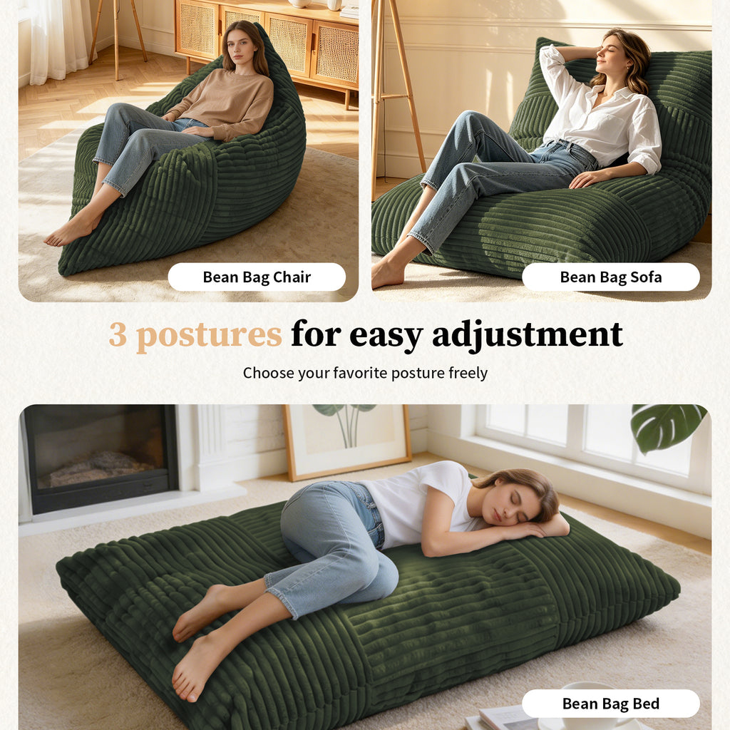 AEELLEEA Green Convertible Corduroy Bean Bag Chair, 3-in-1 Floor Sofa Bed with High Density Sponge for Home Decor