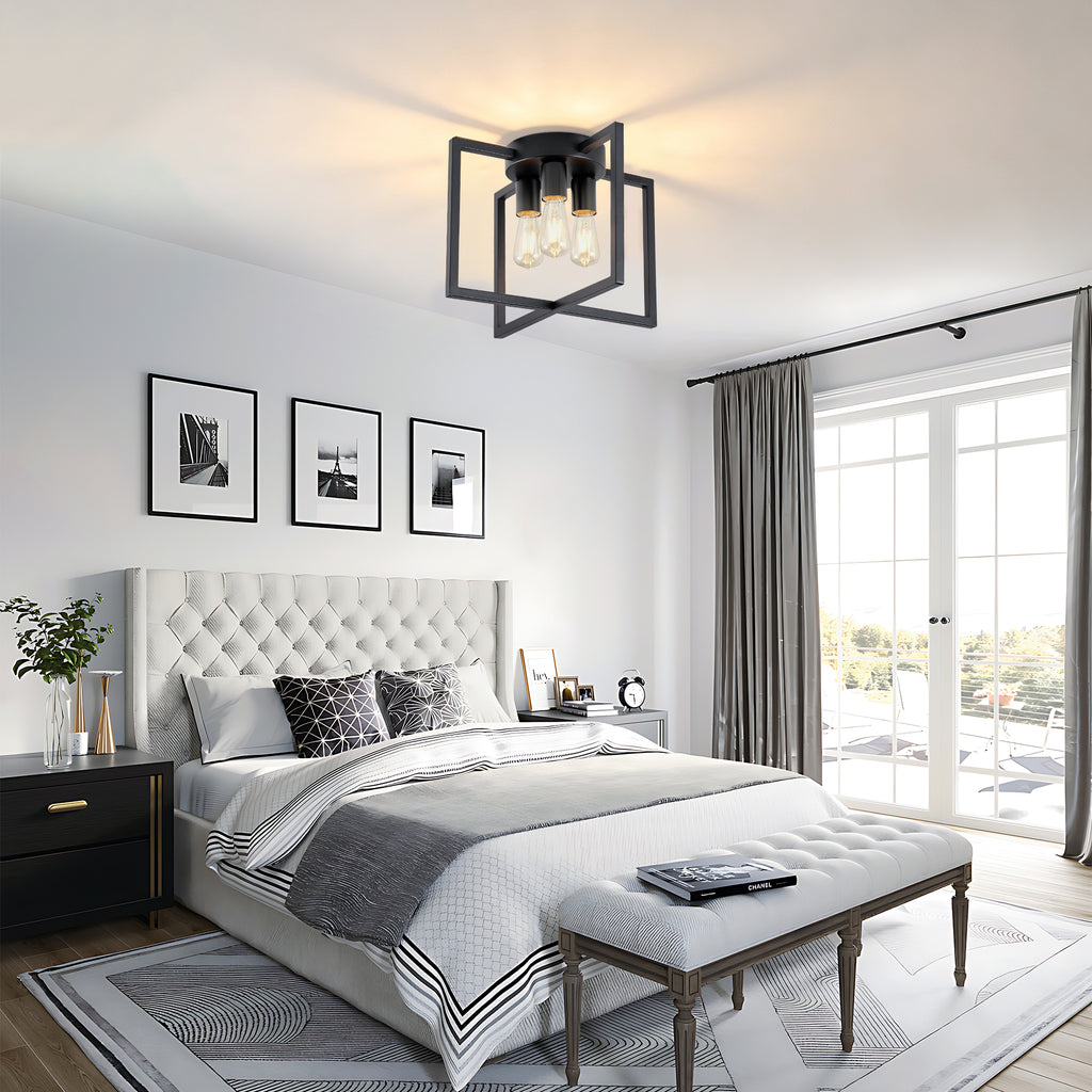 3-Light Semi Flush Mount Ceiling Light, Industrial Black Metal Geometric Square Cage Chandelier, Farmhouse Ceiling Lamp for Bedroom Living Room Hallway Entryway Home Decor