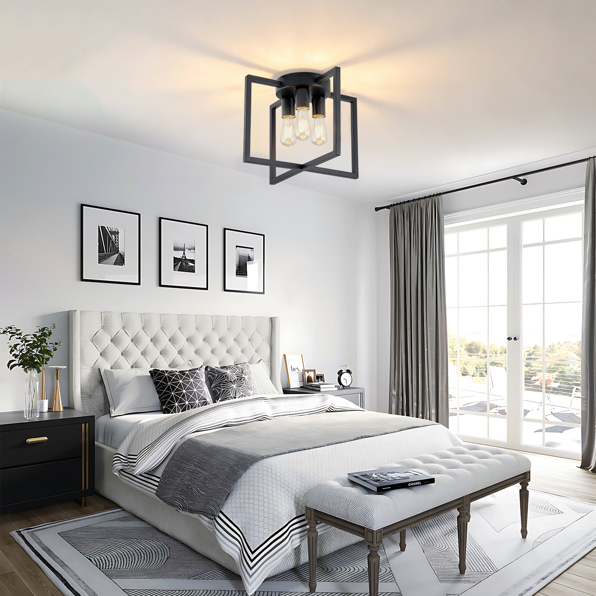 3-Light Semi Flush Mount Ceiling Light, Industrial Black Metal Geometric Square Cage Chandelier, Farmhouse Ceiling Lamp for Bedroom Living Room Hallway Entryway Home Decor