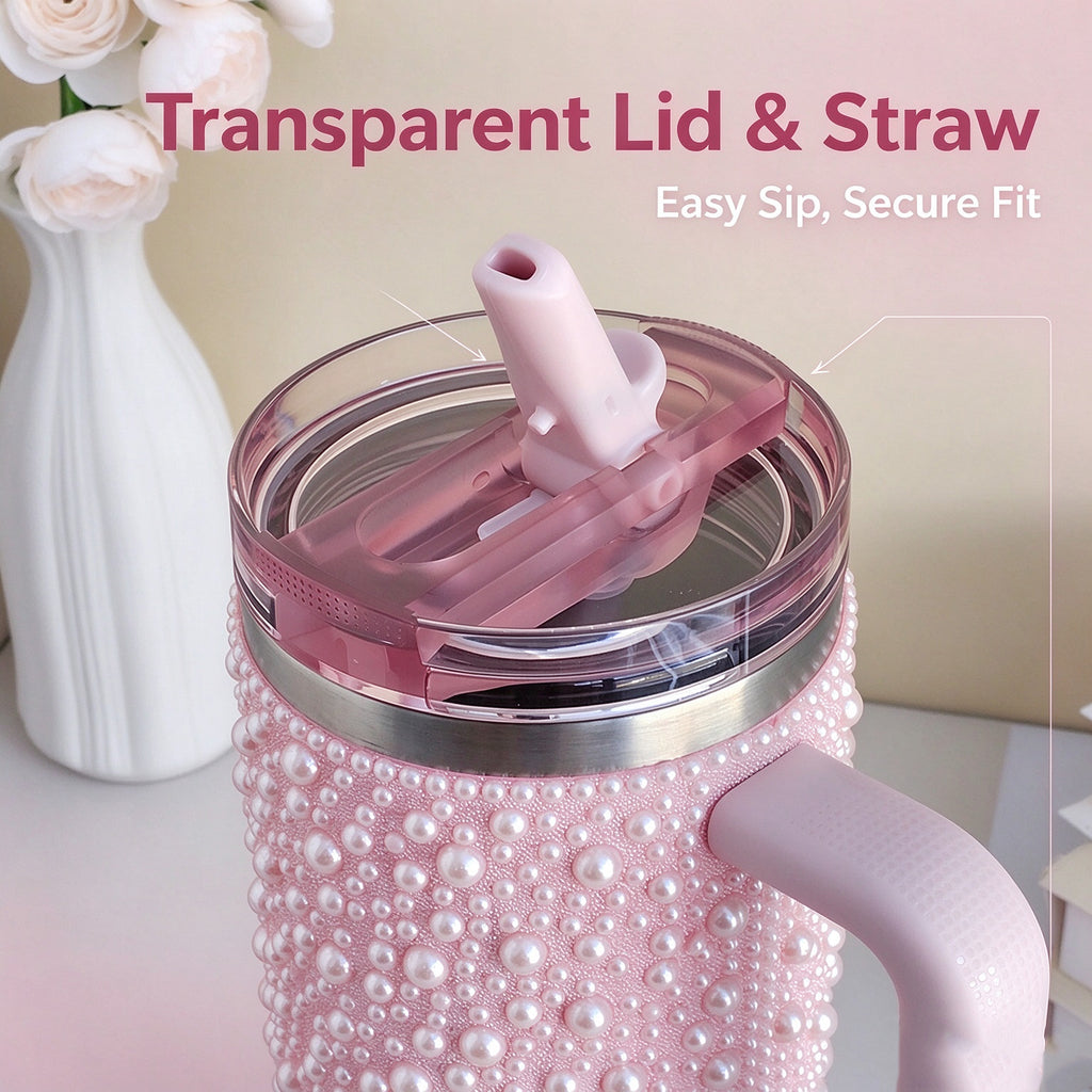 40oz Stainless Steel Insulated Tumbler with Lid and Straw, Double Wall Travel Coffee Cup with Pearl Rhinestone Design, Christmas Gift for Women
