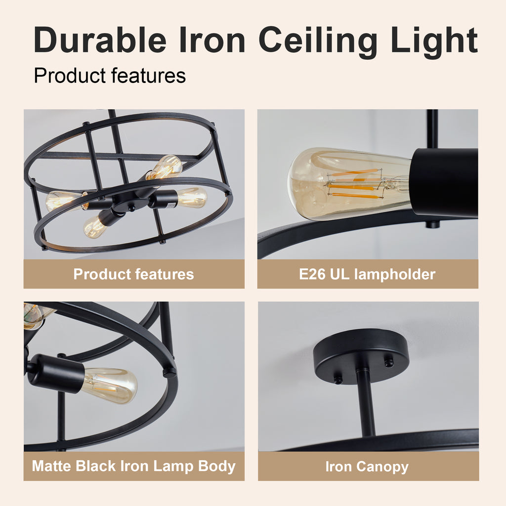 4-Light Semi Flush Mount Ceiling Light, Industrial Black Metal Circular Frame Cage Chandelier, Farmhouse Ceiling Lamp for Bedroom Living Room Hallway Entryway Home Decor