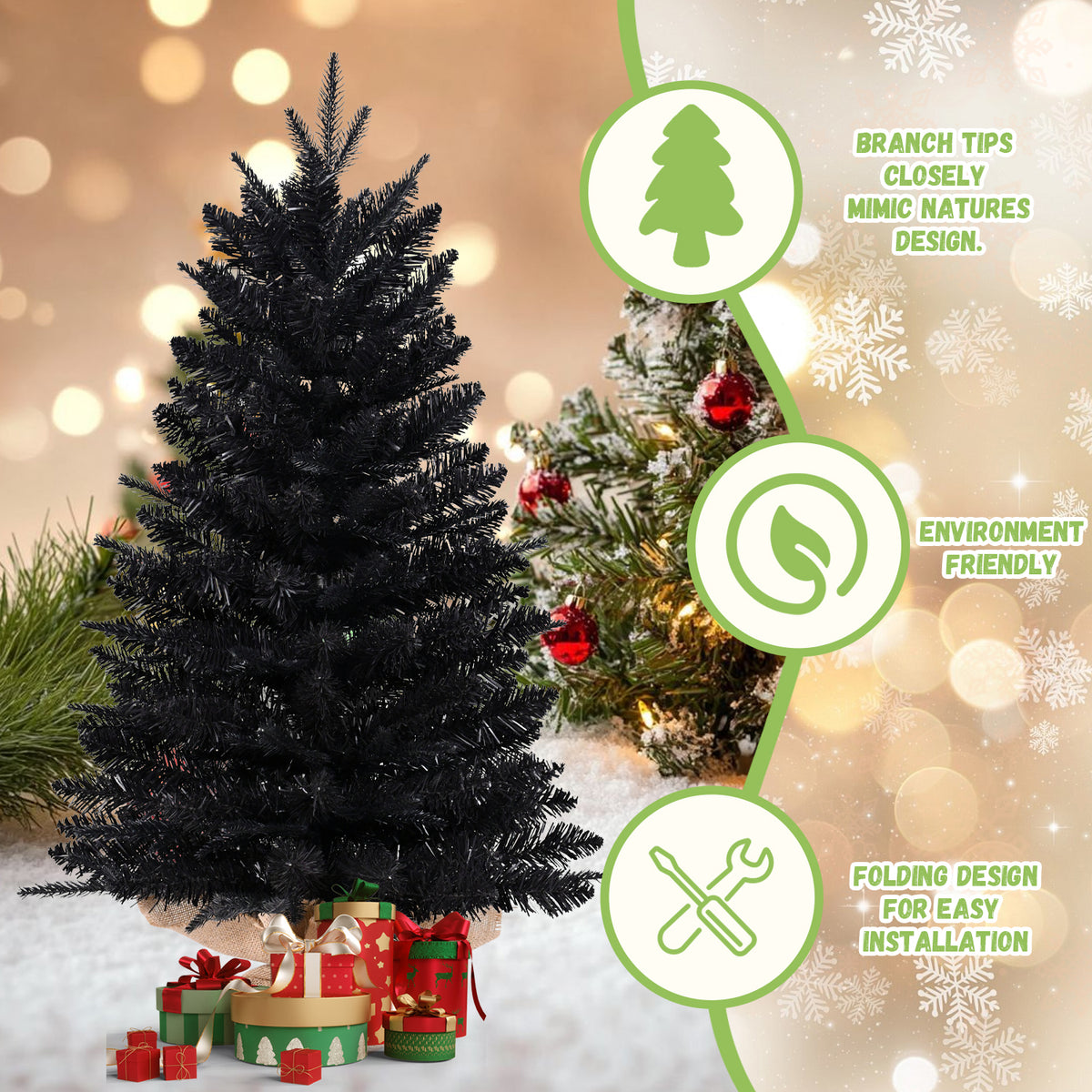 3ft Black Artificial Mini Christmas Tree, Small Tabletop Christmas Tree with Burlap Base, Hinged Branches for Home Table Holiday Halloween Xmas Decor