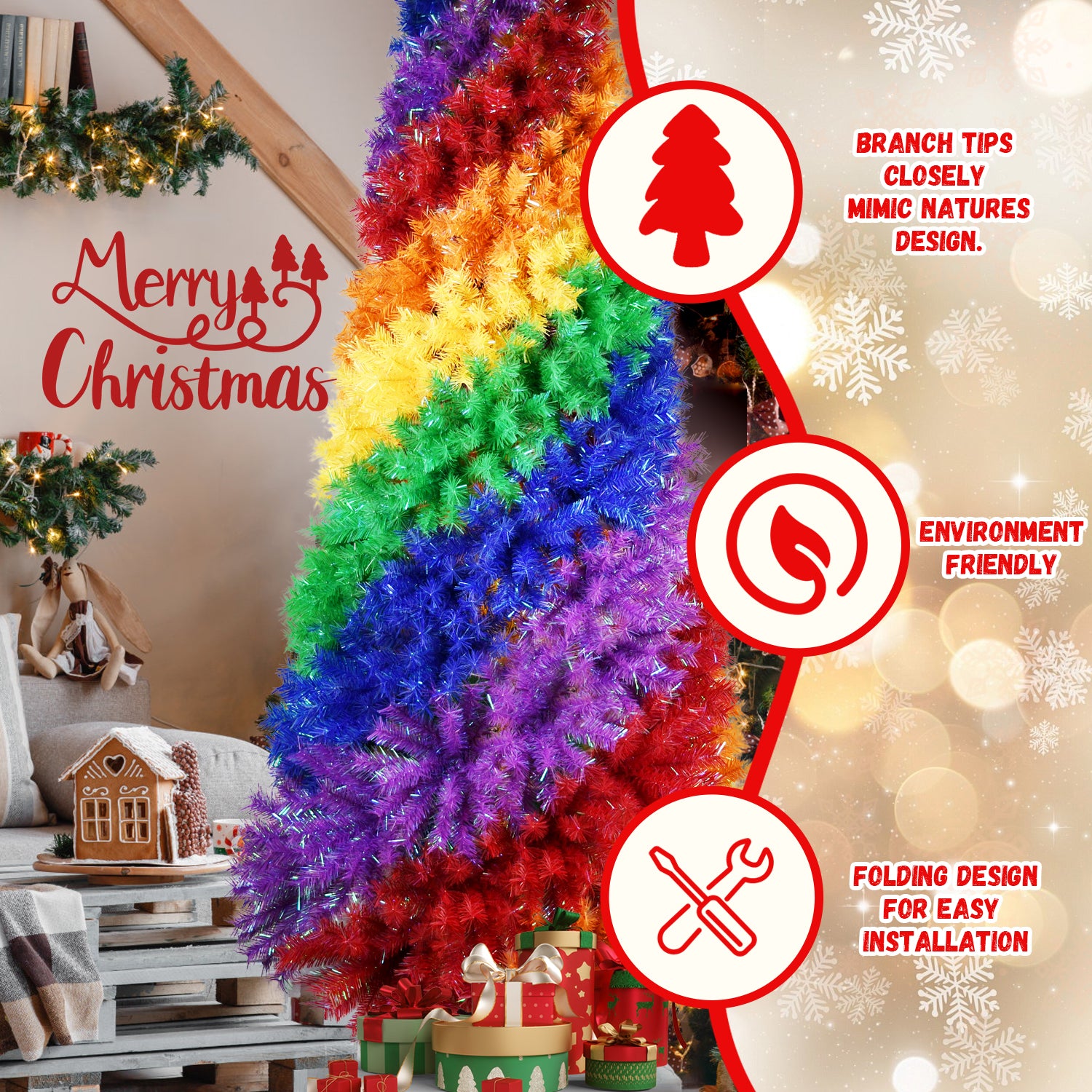 6FT/7.5FT Rainbow Spiral Christmas Tree - Colorful PVC Artificial Holiday Tree with Unique Spiral Design and Sturdy Metal Stand