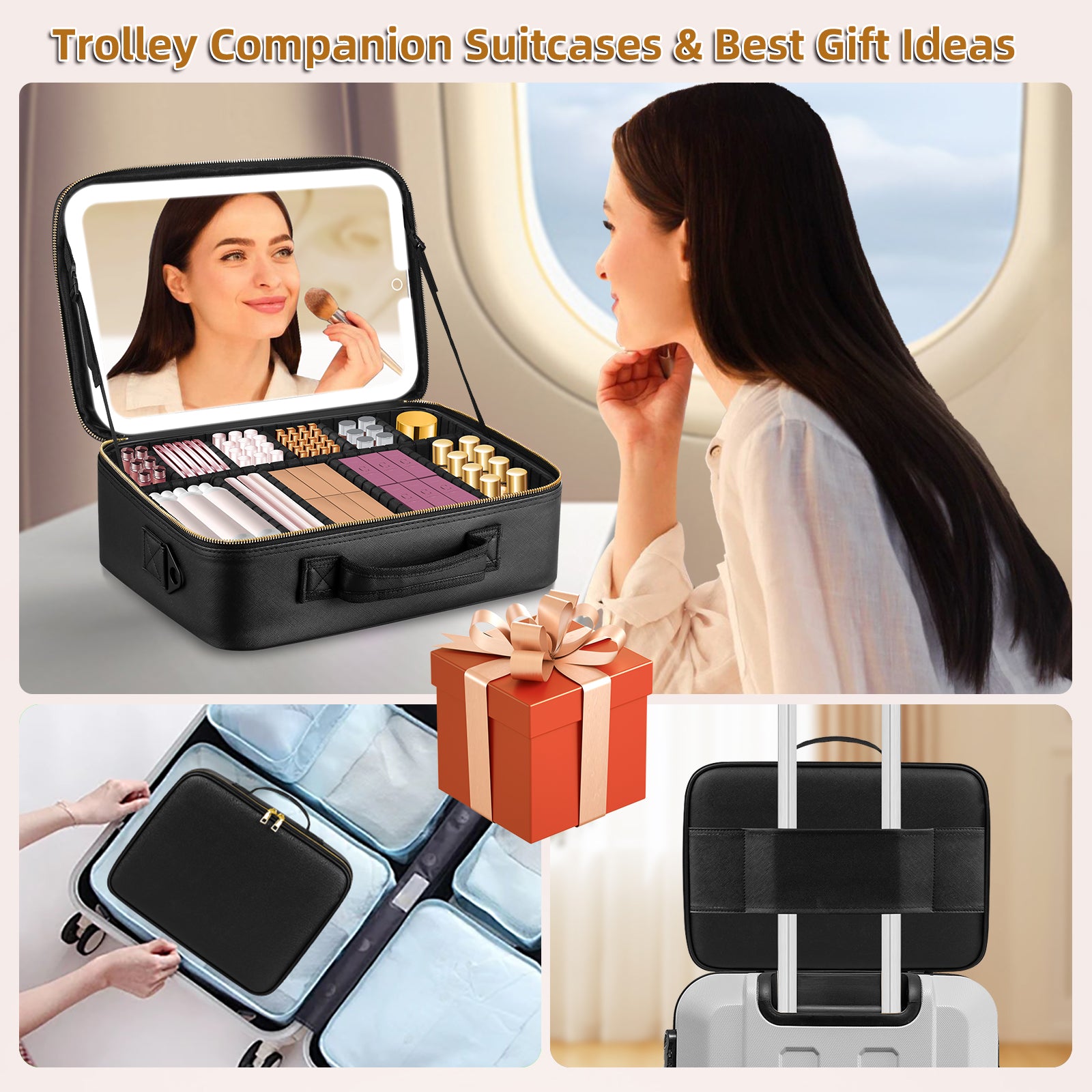 15" Lighted Makeup Organizer 3Color Mirror Adjustable Dividers Travel Ready