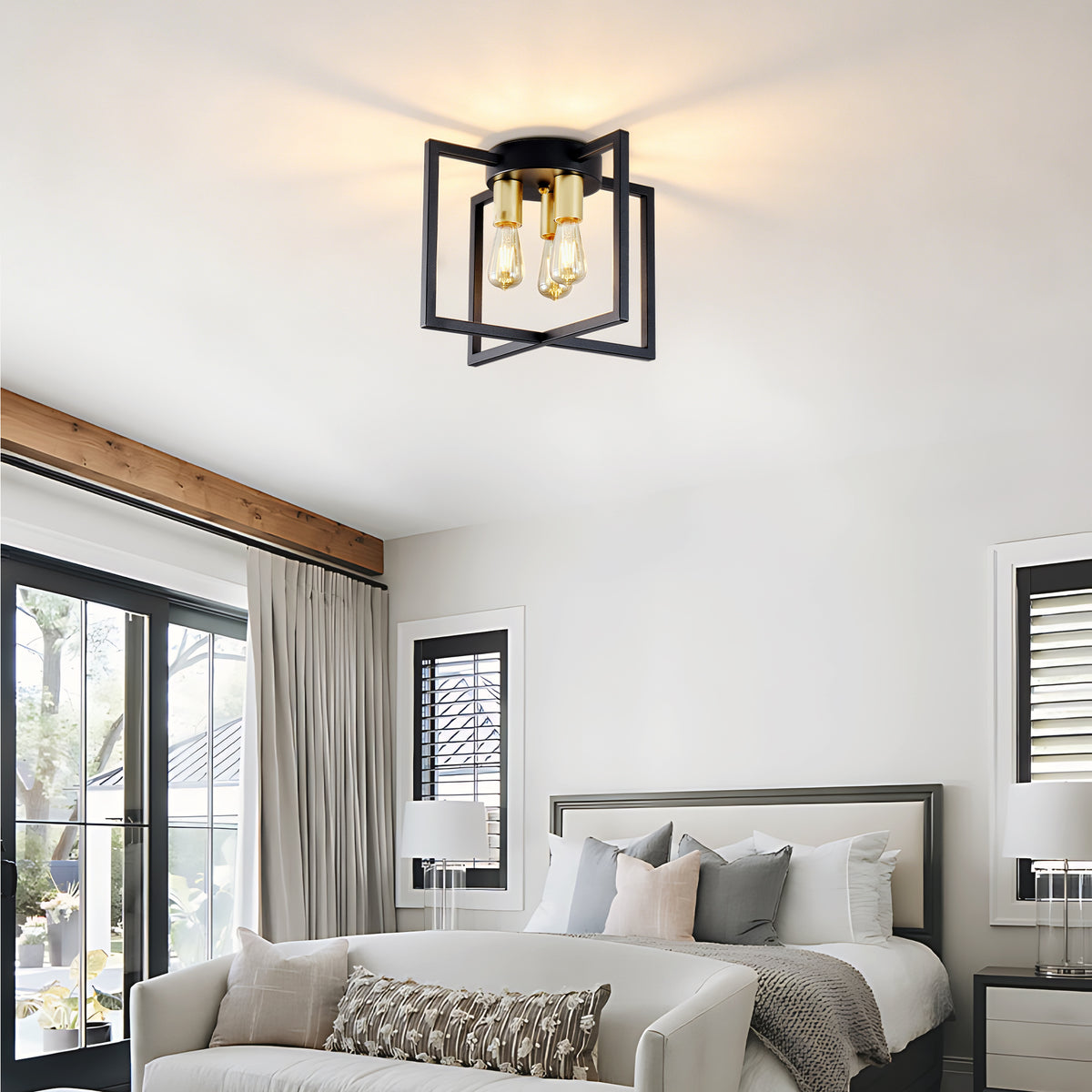 3-Light Semi Flush Mount Ceiling Light, Industrial Black Metal Geometric Square Frame with Gold Socket, Farmhouse Ceiling Lamp for Bedroom Living Room Hallway Entryway Home Decor