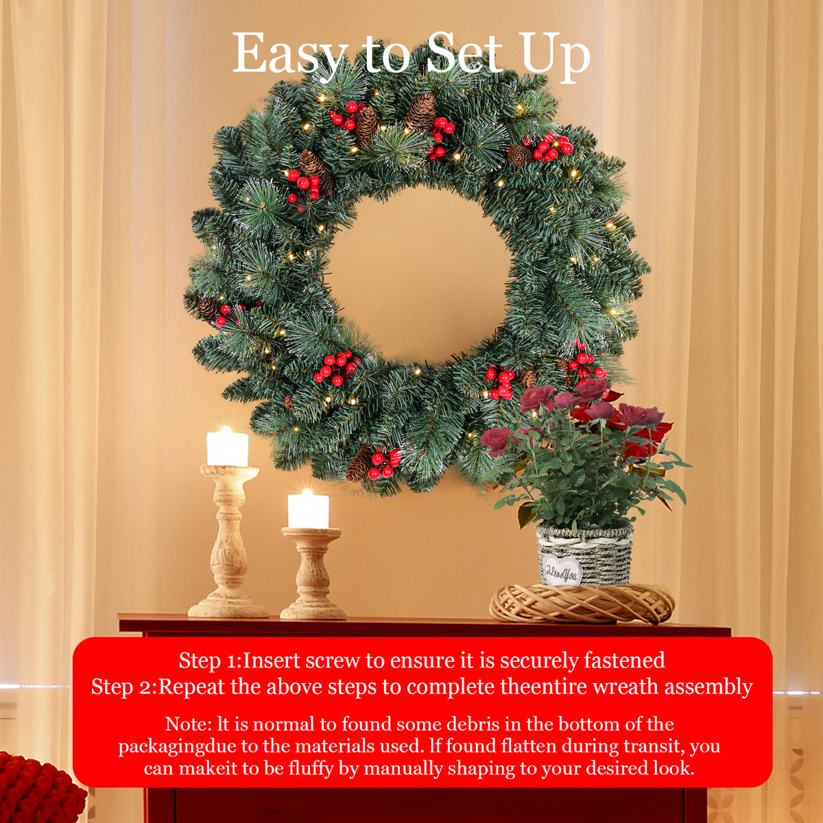 25" Pre-Lit Christmas Wreath with 70 Warm White LED Lights, Battery Operated Pine Needle Wreath with Berries & Pine Cones for Front Door.