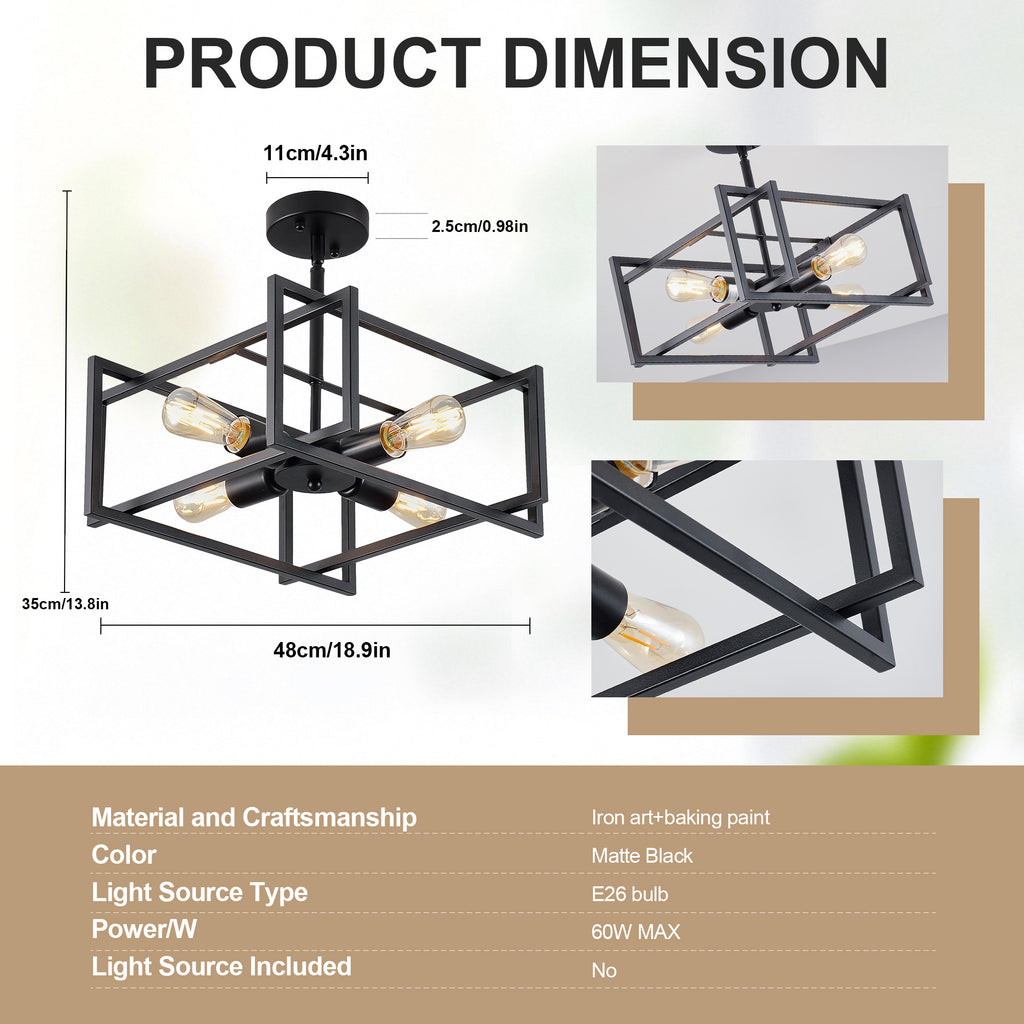 4-Light Semi Flush Mount Ceiling Light, Industrial Black Metal Square Cage Chandelier, Farmhouse Geometric Ceiling Lamp for Bedroom Living Room Hallway Entryway Home Decor