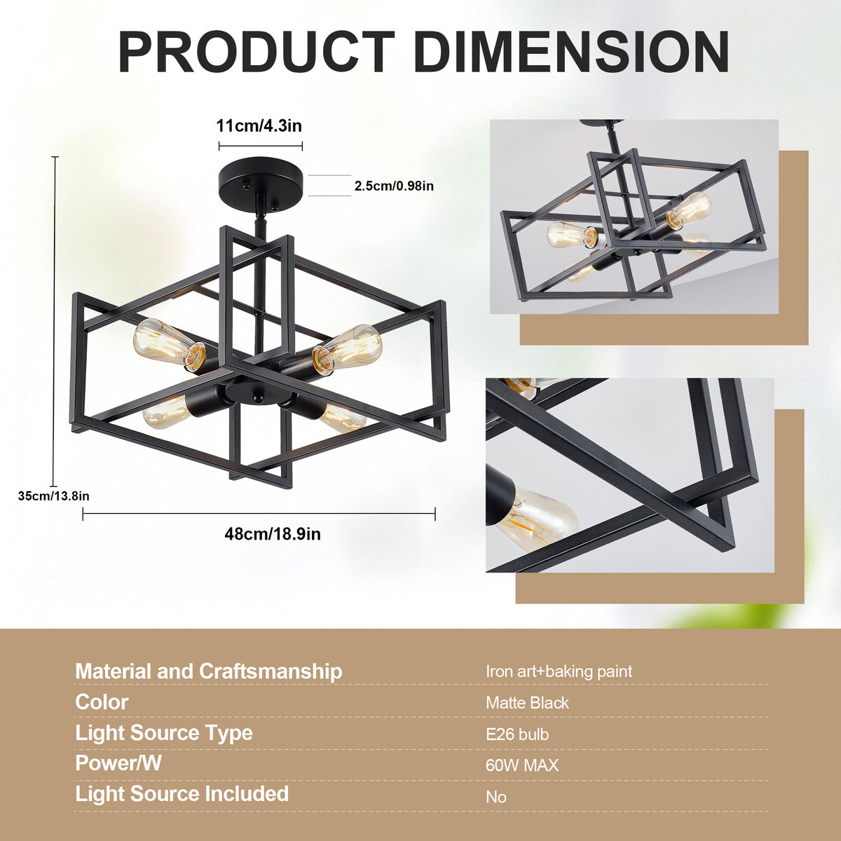 4-Light Semi Flush Mount Ceiling Light, Industrial Black Metal Square Cage Chandelier, Farmhouse Geometric Ceiling Lamp for Bedroom Living Room Hallway Entryway Home Decor