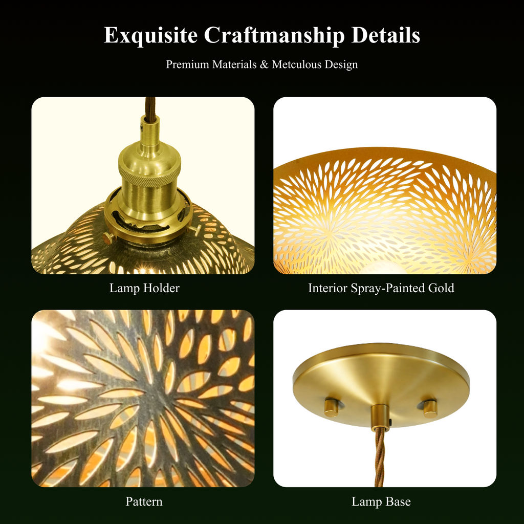 Vintage Cutout Metal Pendant Light, Gold Interior Laser Engraved Hanging Lamp for Kitchen Island Dining Room