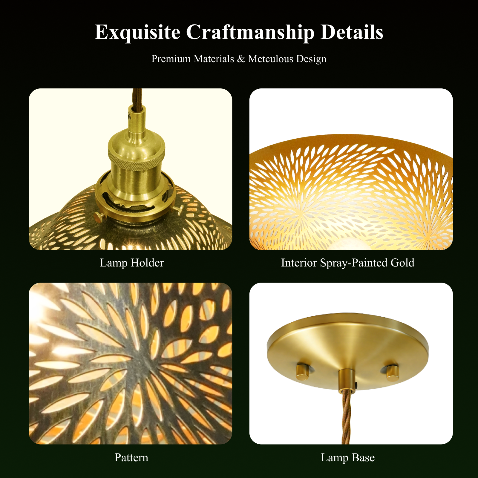 Vintage Cutout Metal Pendant Light, Gold Interior Laser Engraved Hanging Lamp for Kitchen Island Dining Room