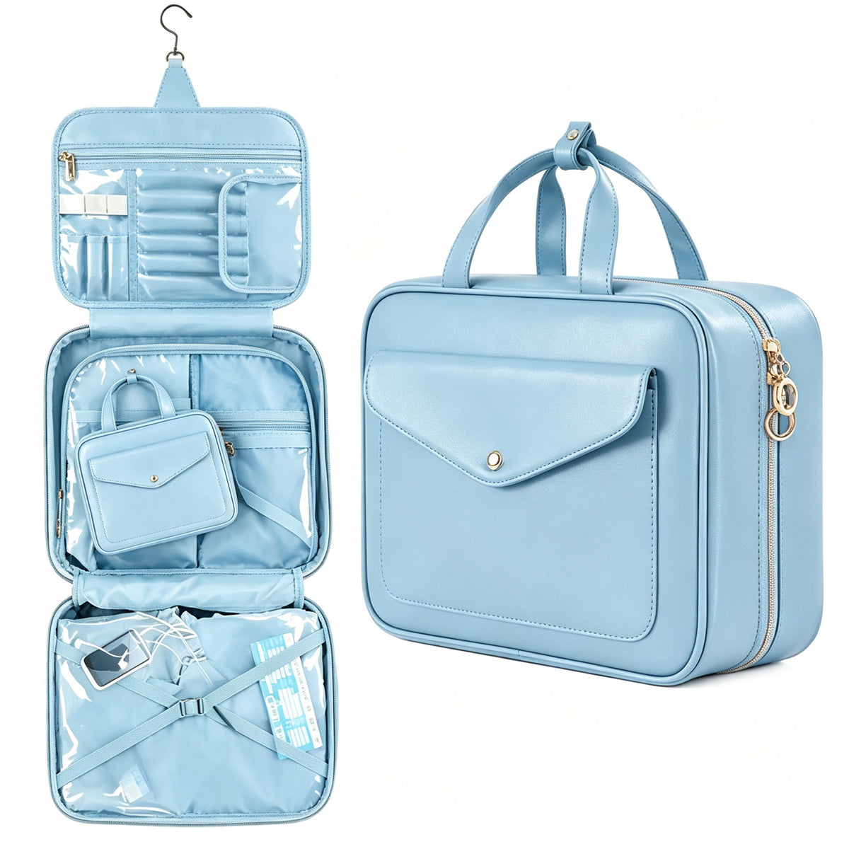 PU Leather Hanging Travel Toiletry Bag, Large Capacity Waterproof Makeup Organizer Case with Hook, Portable Cosmetic Storage Bag for Vacation Business Trip