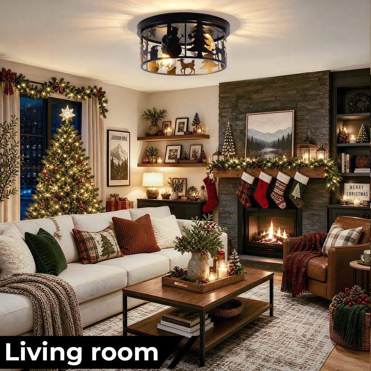 2 Pack Round Matte Black Flush Mount Ceiling Light, Christmas Snowman Deer Tree Cutout Iron Lamp, Vintage E26 Ceiling Light for Bedroom Hallway