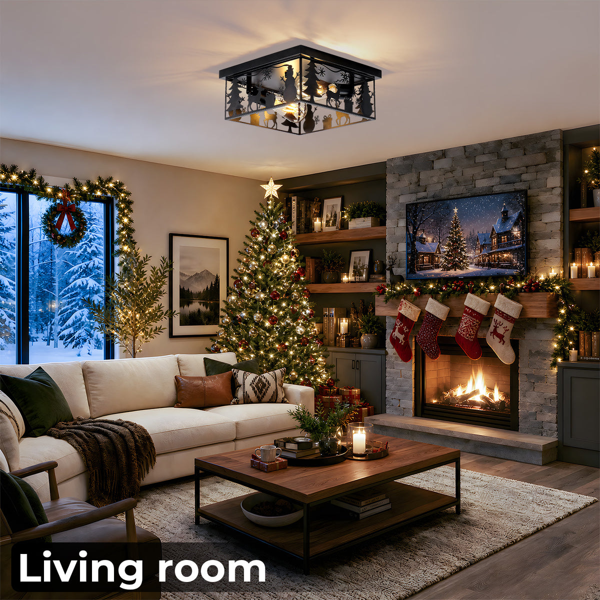 Matte Black Square Flush Mount Ceiling Light, Christmas Snowman Deer Tree Cutout Iron Ceiling Lamp, Vintage E26 Ceiling Light for Bedroom Hallway