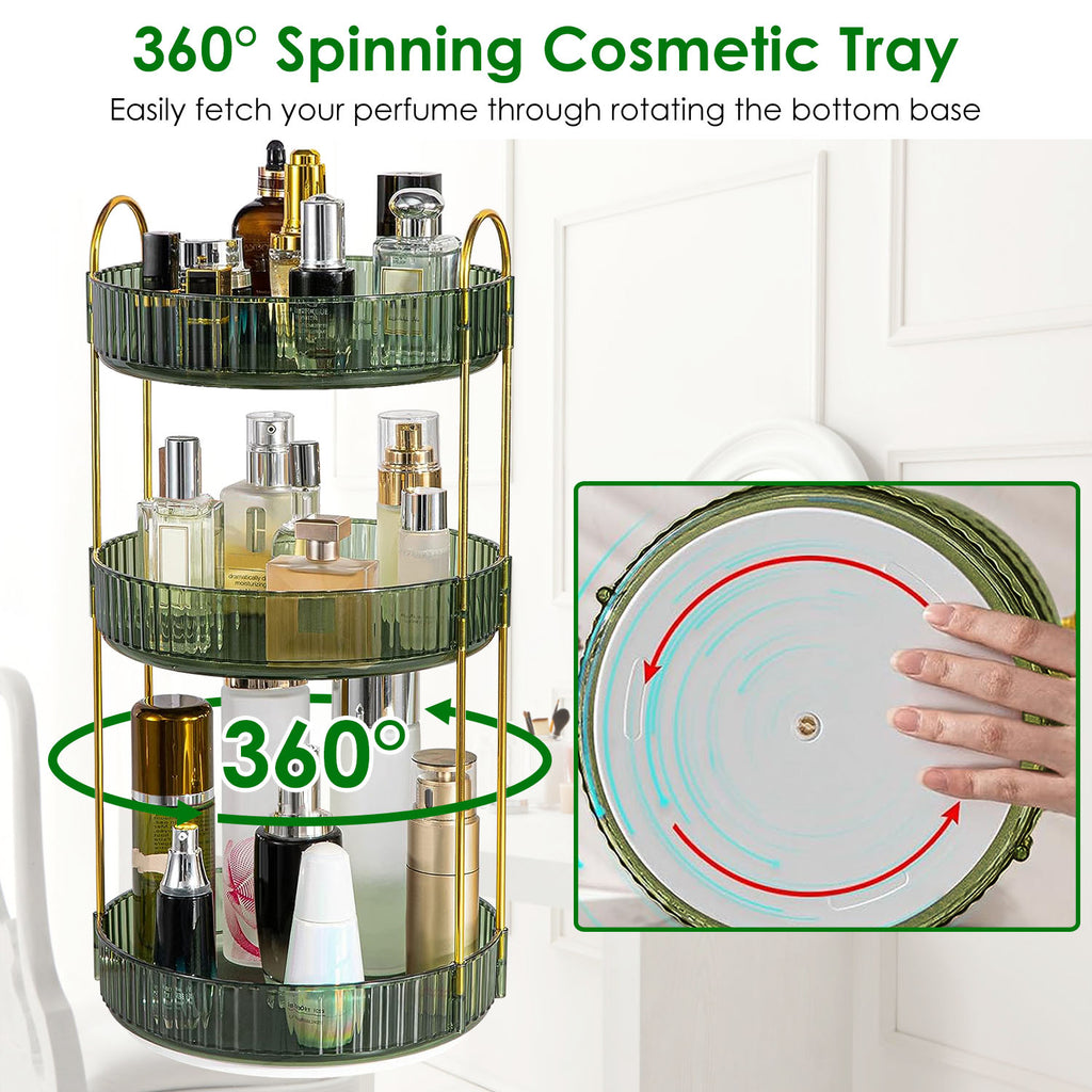 Aeelleea 3-Tier Rotating Makeup Organizer, Round Green Cosmetic Storage Tray, 360° Spinning Skincare Holder for Bathroom Vanity