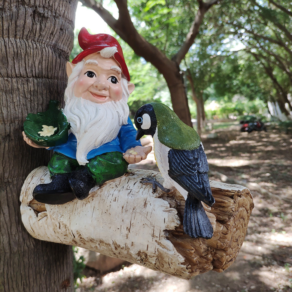 Garden Gnome Statue Feeding Bird on Birch Log, Resin Outdoor Dwarf Figurine Bird Feeder, Weatherproof Decor for Yard, Lawn, Patio, Cute Ornament Gift for Garden Lovers
