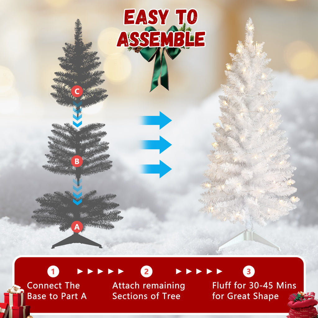 3 FT White Christmas Tree with 30 Pre-Strung UL Lights, 88 Tips Artificial Holiday Tree with Plastic Stand for Indoor Home Decor.