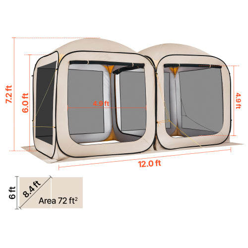 Pop Up Screen Tent 12x6 Ft, 8-10 Person Instant Screen House, 72 Sq Ft Mesh Tent with 2 Rooms for Patio Backyard