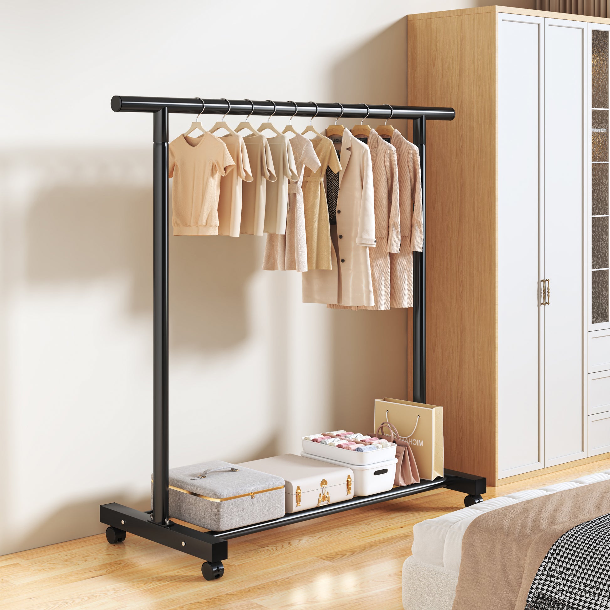 Coat Rack,Dress Up Storage, Freestanding Garment Organizer with Top Rod and Storage Bottom Shelf Space-Saving for Bedroom Home