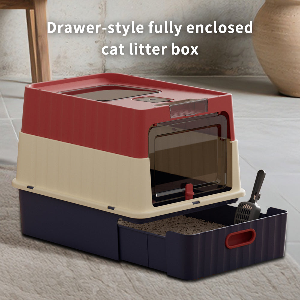 Convertible Enclosed Cat Litter Box with Pull-Out Drawer, Front Door, Top Vent Panel & Litter Scoop, Red, 19.69" x 13.78" x 13.78"