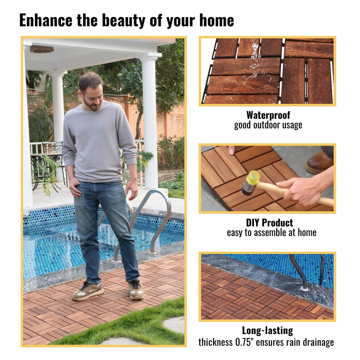 AEELLEEA Acacia Wood Interlocking Deck Tiles, 20 Pack 12"×12" Waterproof Checker Patio Flooring Tiles for Balcony Poolside