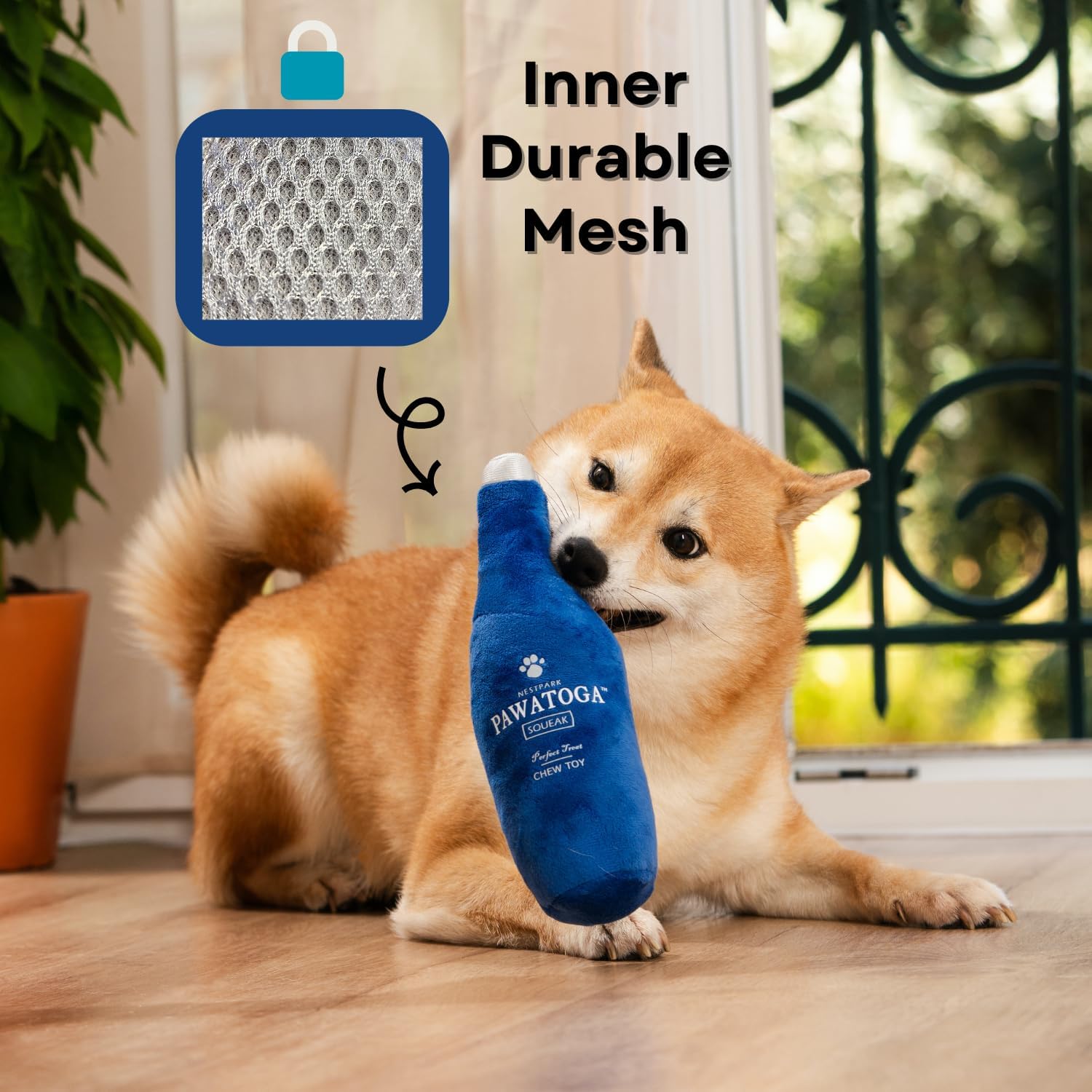 Nestpark Pawatoga Funny Dog Toy - Parody Plush Squeaky Crinkle Dog Toy - Fancy Barkling Water for A Classy Dog Morning Routine