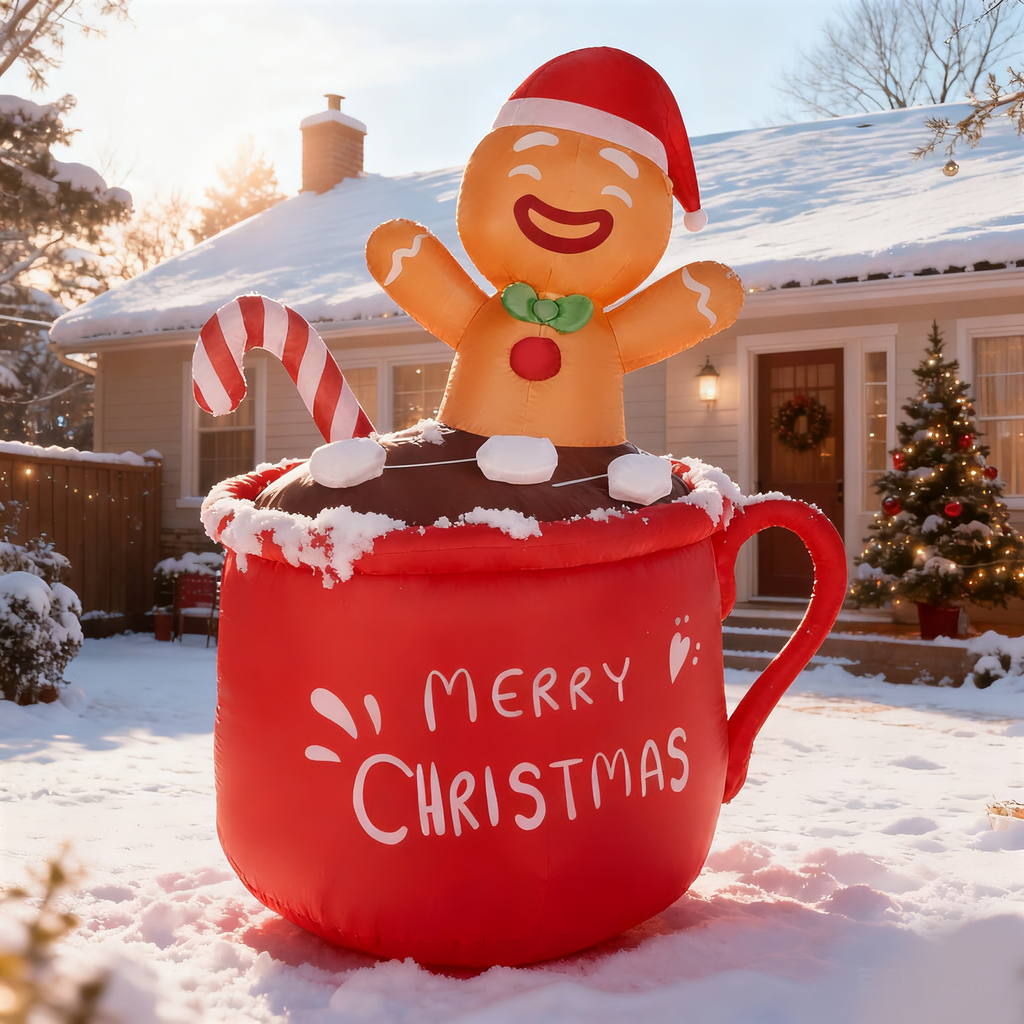 AEELLEEA-Christmas Inflatable Decoration, Gingerbread Man in Hot Cocoa Cup with Warm White LED Lights, Indoor Outdoor Holiday Yard Decor