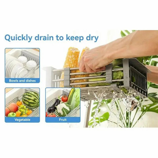 Expandable Sink Dish Drying Rack, Stainless Steel Collapsible Drainer with ABS Edging, Heavy Duty Over Sink Fruit Vegetable Rack for Dual Single Basins