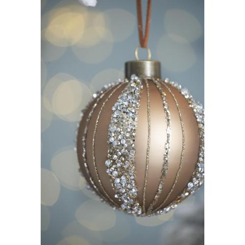 AEELLEEA 3.9" Bronze Glitter Striped Glass Christmas Ball Ornaments Set of 6, Hanging Baubles for Xmas Tree Holiday Home Decor