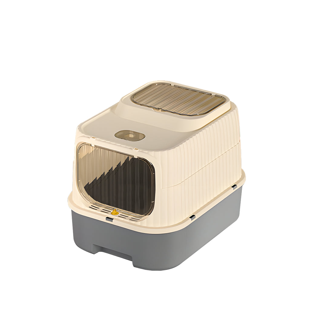 Enclosed Cat Litter Box with 2-Way Transparent Door and Litter Sifting Step, Removable Easy-Clean Design, Beige & Gray