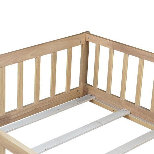 AEELLEEA Twin Size Montessori Floor Bed with Guardrails, Wooden Kids Bed Frame with Low Entry and Slats, Natural