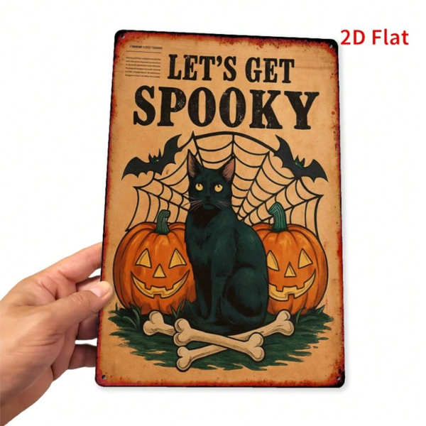 Halloween Retro Square Metal Tin Sign, Black Cat & Pumpkin 2D Flat Wall Hanging Decor for Home Party