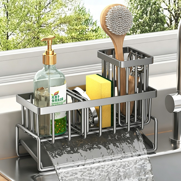 AEELLEEA Kitchen Sink Caddy 9.06 x 3.54 x 5.91 Inch, Rustproof Sponge Holder with Drip Tray & Towel Bar for Dish Brush Soap