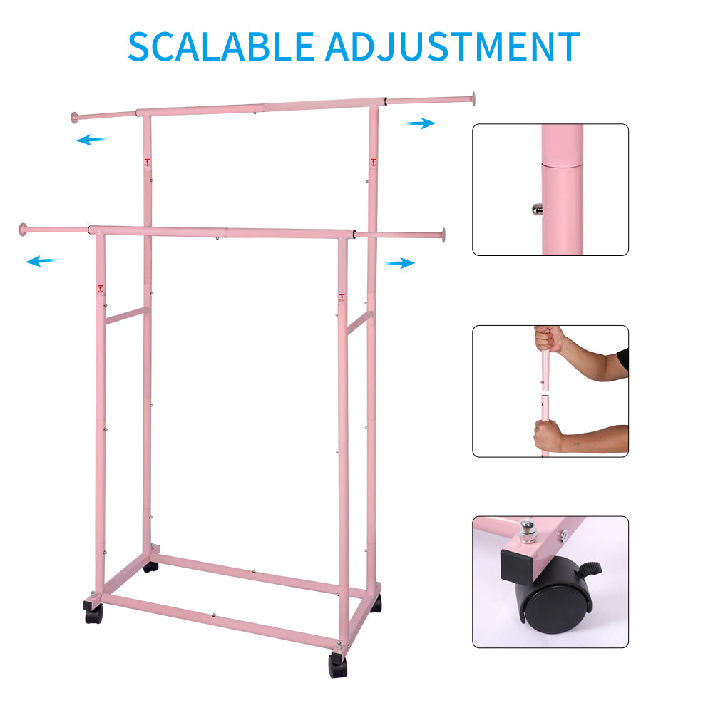 Pink Double Rod Garment Rack with Wheels, Heavy Duty Metal Clothes Rack Holds Up to 200 lbs, Adjustable Clothing Rack with Bottom Shelf and Side Hooks