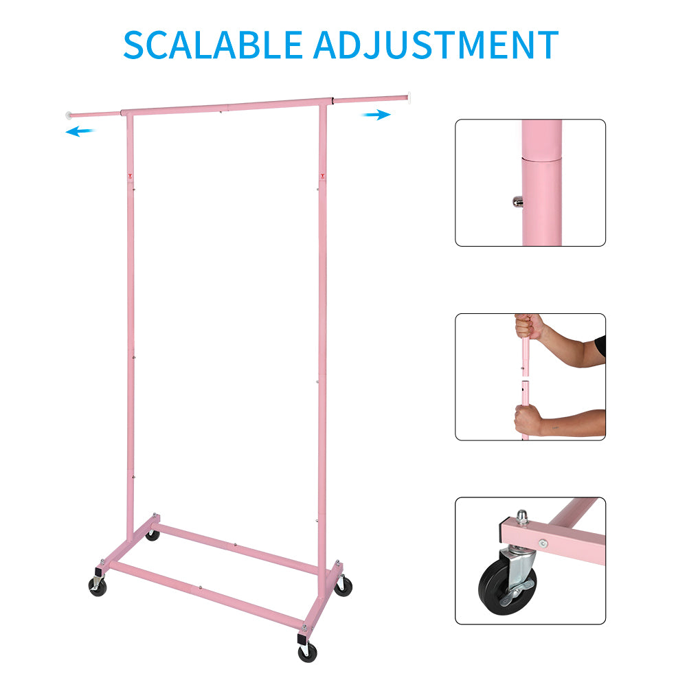 Pink Rolling Garment Rack with Wheels, Adjustable Single Rod Metal Clothes Rack, Heavy-Duty Clothing Organizer Holds Up to 150 lbs for Bedroom, Dorm, Laundry Room, and Balcony