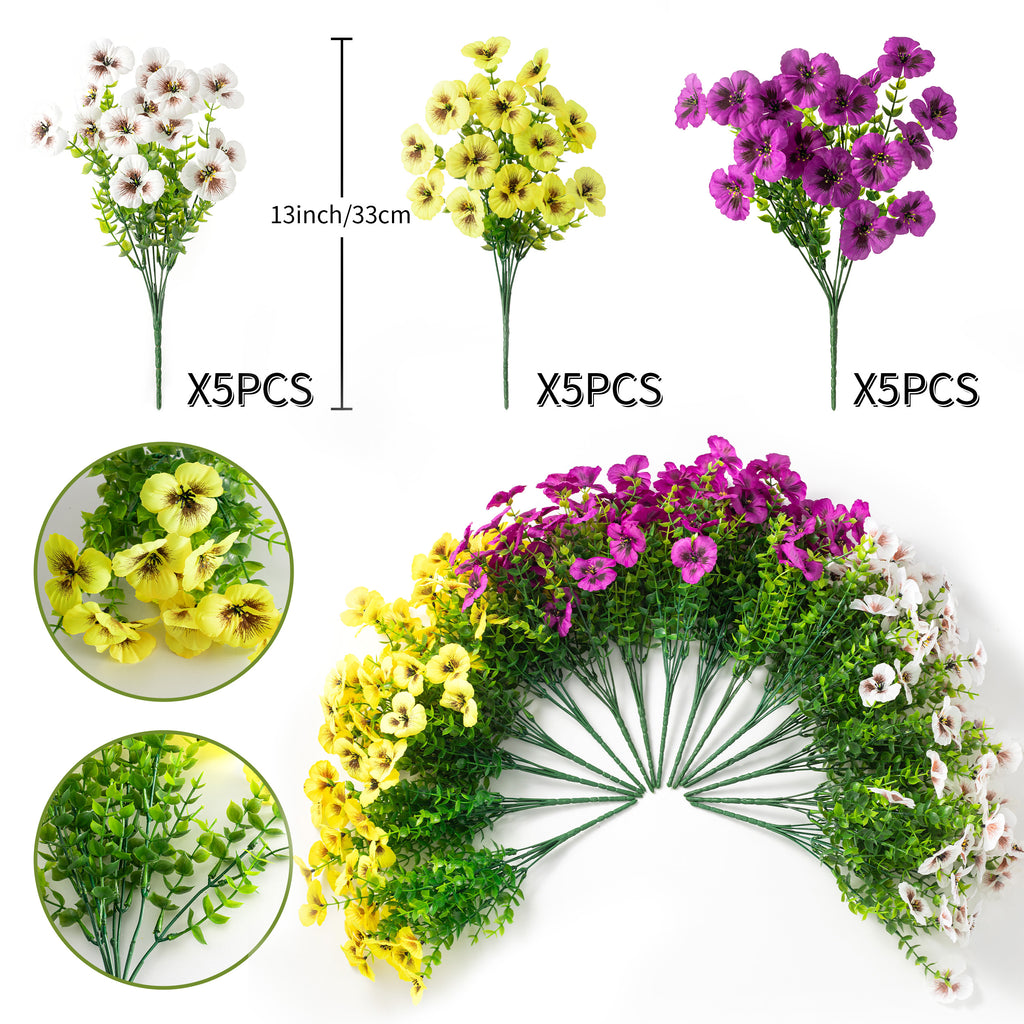 15pcs Artificial Pansy Flowers, 3 Assorted Colors UV Resistant Faux Pansies for Outdoor Patio Porch Decor