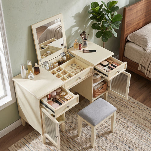 AEELLEEA Vanity Desk with Flip-Top Mirror, Storage Drawers, Side Cabinets and Stool, 46.3-Inch Makeup Desk, Cream